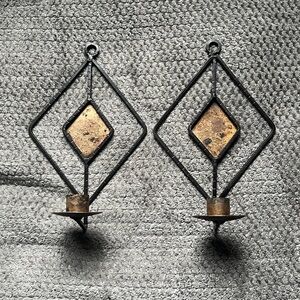 Black Metal & Gold/copper Tone Wall Sconces Candleholders Set Of 2